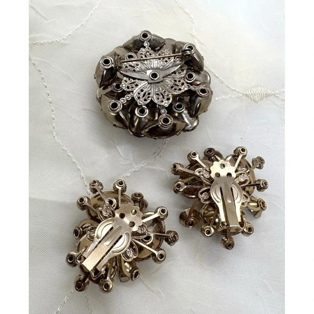 Vintage 1950s MCM Pink Lavender Rhinestone Brooch Clip On Earrings Matching‎ Set